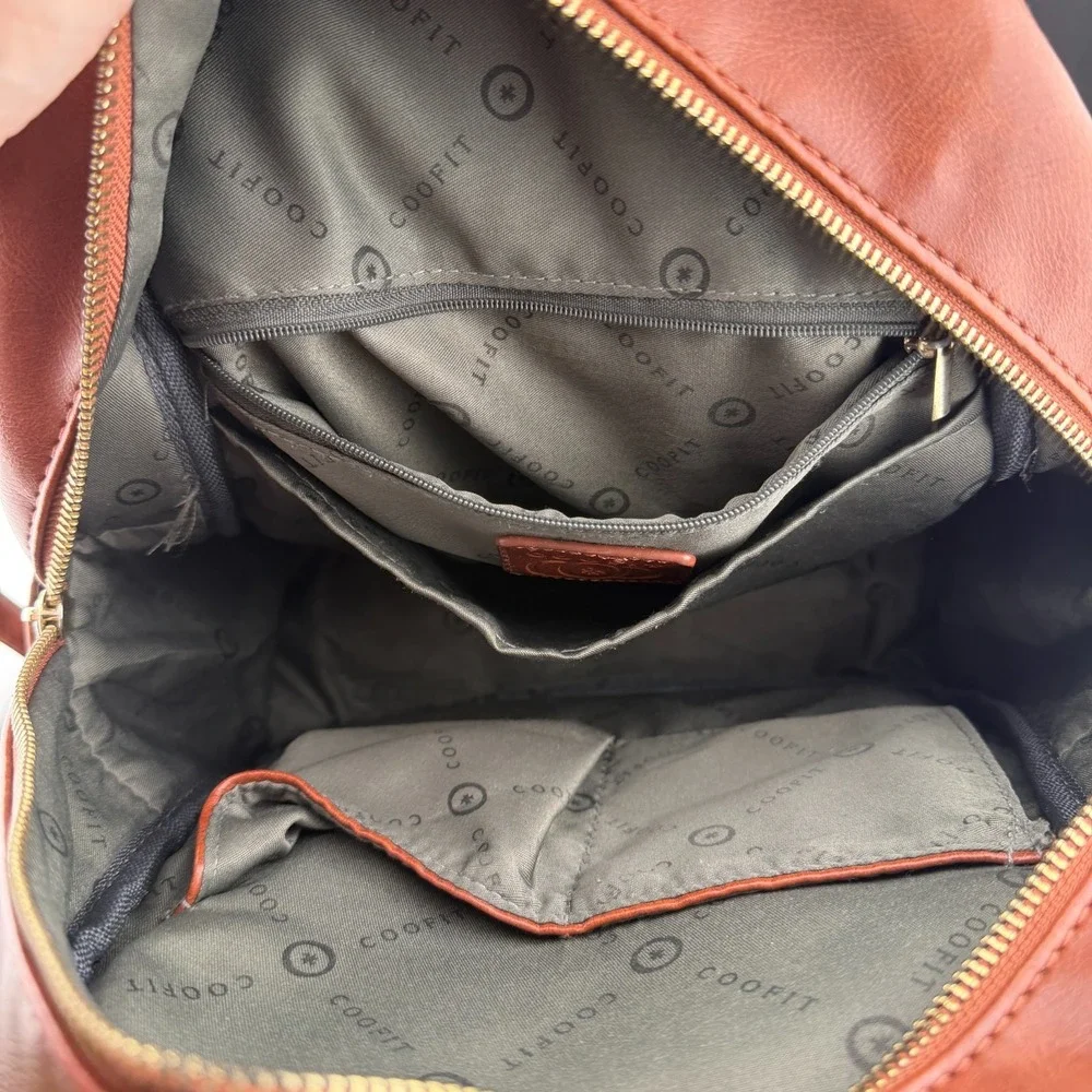 Coofit Womens Backpack Brown Cognac Leather Inner Pockets Adjustable Strap Bag
